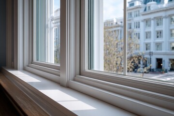 White window interior view overlooking a beautiful city building. It depicts comfort, ideal for real estate and property development.