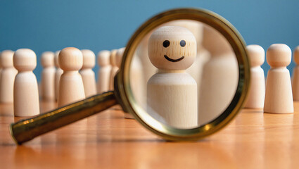 Magnifying glass focuses on happy wooden figure among many, symbolizing careful selection, recruitment, and finding the right fit for success.