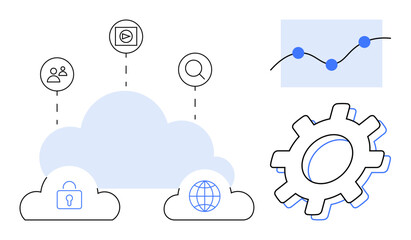 Connected cloud, data analytics graph, play button, search, gear, security, globe. Ideal for technology cloud computing analytics cybersecurity connectivity multimedia innovation. Simple flat