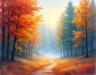 Bright autumn forest landscape with colorful red orange yellow foliage on trees. Winding path goes through misty woods at dawn. Calm nature scene shows evergreen pine trees, sunlight on grass. Path