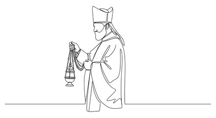 Catholic bishop holding censer in minimalist line art style