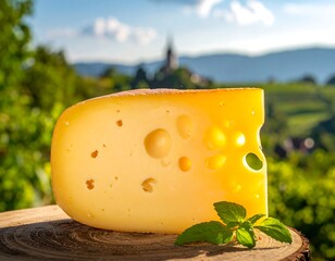Freshly sliced yellow cheese block sits atop wood with background nature