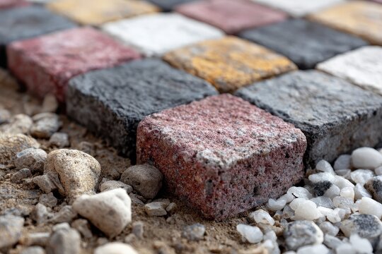 Colorful paving stones on sand with small rocks filling joints. Ideal for design ideas, construction, or landscaping projects.