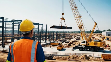 Old man construction worker planning a large building site with crane and steel beams in motion footage. - Powered by Adobe