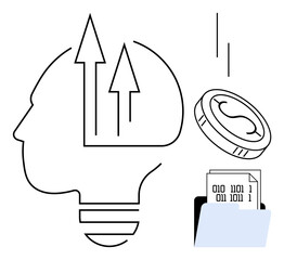 Human head outline with upward arrows symbolizing growth, coin for financial flow, and file with binary code for digital data. Ideal for innovation, progress, data economy, financial concepts