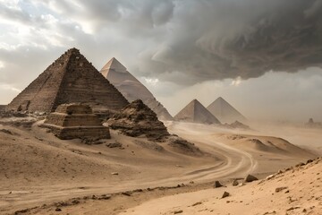 Ancient Egyptian Pyramids: A majestic view of the Giza pyramids under a dramatic sky, evoking a sense of awe and historical grandeur.