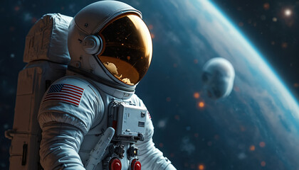 Fototapeta premium Astronaut in white suit floats in outer space near Earth. Reflective helmet shows stars. Spacecraft or station visible nearby. Deep cosmos exploration.