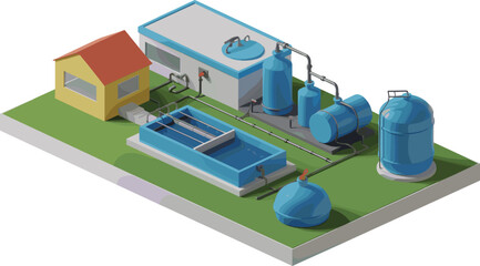 3D isometric illustration of water treatment plant system, clean water purification process with tanks, filters, and household supply pipeline