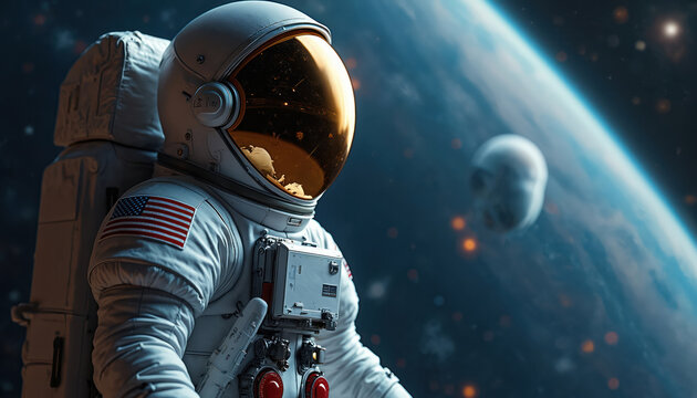Astronaut in white suit floats in outer space near Earth. Reflective helmet shows stars. Spacecraft or station visible nearby. Deep cosmos exploration.