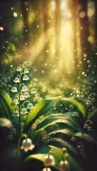 Magical close-up of lily of the valley in a sunlit forest with dew on leaves, dreamy bokeh. Perfect floral background for wedding invitations, greeting cards, packaging, spa, nature-inspired design.	