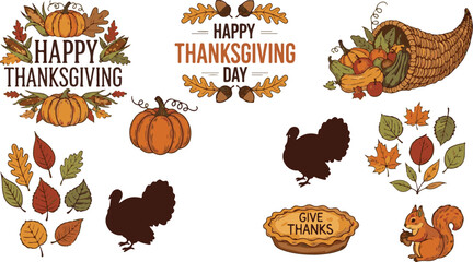 Festive thanksgiving day graphic elements set with autumnal colors and traditional icons © Md