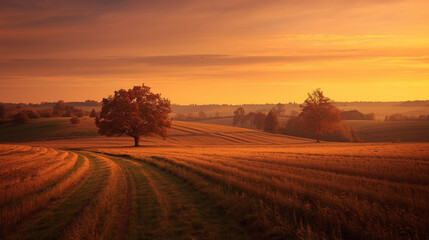 Golden Sunrise Agricultural Landscape Rolling Hills Solitary Tree - Peaceful Rural Countryside Dawn