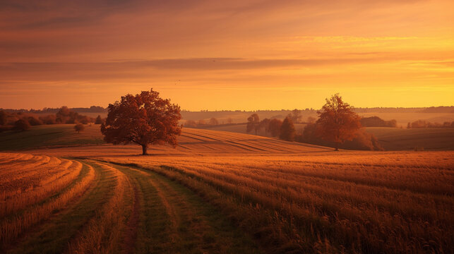 Golden Sunrise Agricultural Landscape Rolling Hills Solitary Tree - Peaceful Rural Countryside Dawn - Powered by Adobe