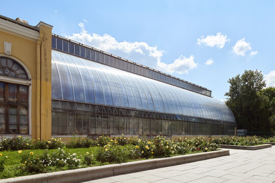 Beautiful greenhouse in a sunny park with blooming flowers