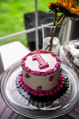 Pink and White First Birthday Smash Cake on Cake Plate in Windowlight