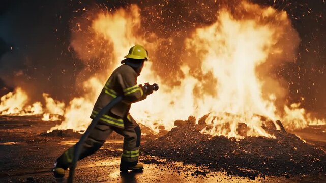 Firefighter man interacting with virtual interface and extinguishing a fire with hose and water, fire protection concept. Footage
