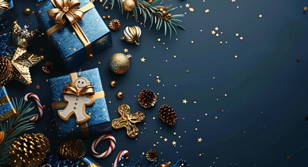 Christmas background with blue and gold gift boxes, gingerbread cookies, candy canes, pine cones, stars on dark navy background with copy space