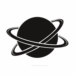 Stylized black and white illustration of a planet with rings.