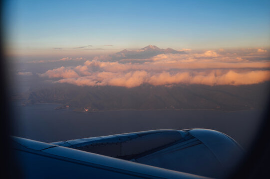 Aerial View of Mount Rinjani and Coast of Lombok at Sunset, Indonesia