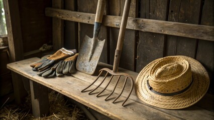 Rustic farm tools (spade, pitchfork), straw hat, and gloves on wooden bench in barn or shed.