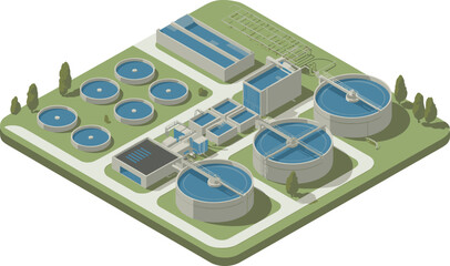 Isometric 3D illustration of modern water treatment facility, clean water purification tanks and filtration system, environmental technology plant design