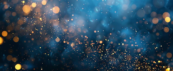 A blue background with golden lights, creating an elegant and sophisticated atmosphere. The blurred light particles