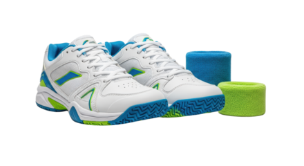 White Tennis Shoes with Blue and Green Accents Displayed with Matching Wristbands isolated on transparent background