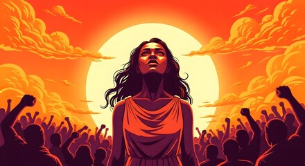 A determined woman stands strong against a vibrant, fiery sunset, surrounded by a cheering crowd with raised fists, symbolizing empowerment and collective action