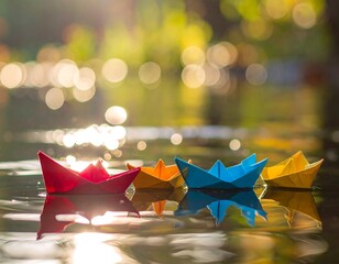 Four colorful paper boats floating on tranquil water, bokeh background
