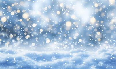 Fototapeta premium Abstract snow background with falling snowflakes and bokeh lights on a blue sky. Winter background for Christmas or New Year design template