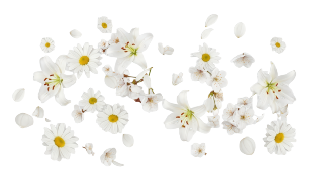Scattered White Daisy and Lily Flowers with Brown Debris isolated on transparent background