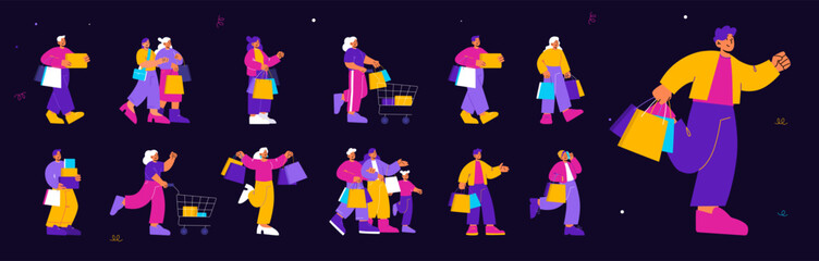 set of shopping people with bags