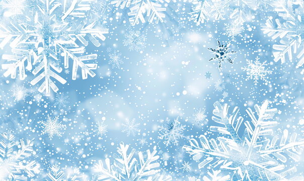 Background of light blue with snowflakes, Christmas background, snow falling, white space in the center for text or design, snowflake
