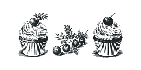 Fototapeta na wymiar Two Hand Drawn Cupcakes and Cherry Branch Fototapeta na wymiar Two Hand Drawn Cupcakes and Cherry Branch