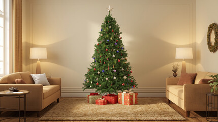 Traditional Xmas Tree Decorated Living Room Contemporary Style - Warm Cozy Holiday Home Interior