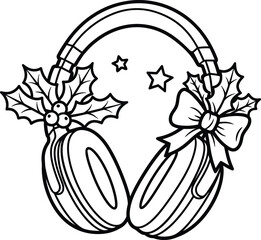 Festive Christmas Headphones Line Art Illustration