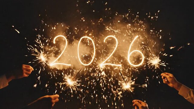 Hands Writing '2026' with Glowing Sparklers, Celebrating New Year's Eve