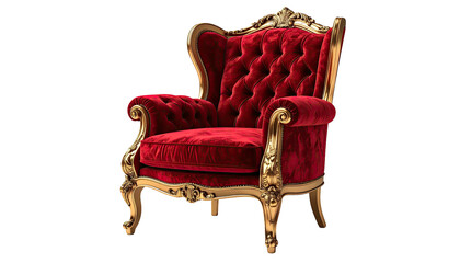 Fototapeta premium Red, velvet, ornate, antique armchair, isolated on a black backdrop