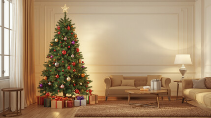 Beautiful Christmas Tree Interior Scene with Gifts Symmetrical Furniture - Modern Holiday Living Room