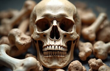 Human skull lies among bones. Detailed photo of skull with visible teeth. Bones around the skull create a background. The image relates death anatomy medical concepts
