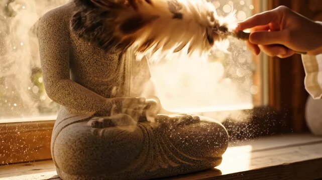 A seated statue of Buddha is dusted by a feather duster by a sunlit window
