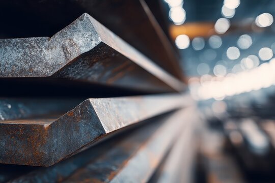 Stack of rusty metal sheets with blurry factory lights background. This image represents industry, construction, or material processing.