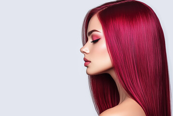 Portrait of young beautiful woman with long straight cherry red hair side view.