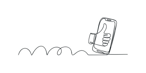 Single Line Drawing of Smartphone with Thumbs Up Icon