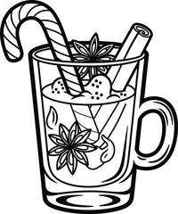 Festive Holiday Drink with Spices and Candy Cane Line Art