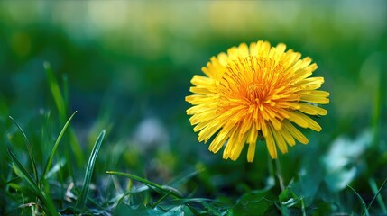 Bright Yellow Dandelion Flower Growing in Lush Green Grass Under Soft Morning Light