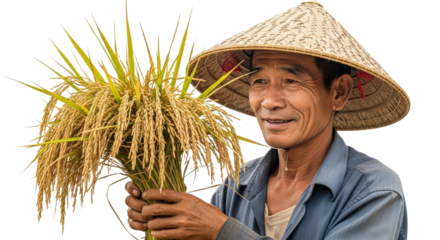 Asian Farmer Wearing Conical Hat Holding Ripe Rice Stalks Golden Yellow Harvest Agriculture isolated on transparent background
