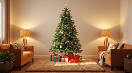 Decorated Christmas Tree Modern Living Room with Gift Boxes - Cozy Holiday Home Interior Celebration