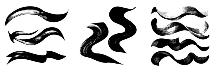 A modern set of wave acrylic paint brush strokes includes flowing 3D brushstrokes with blue and purple gradient colors and ribbon shapes with smooth transitions and textured edges