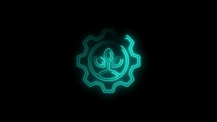 Cyan neon gear with plant sprout inside on black background cogwheel leaf